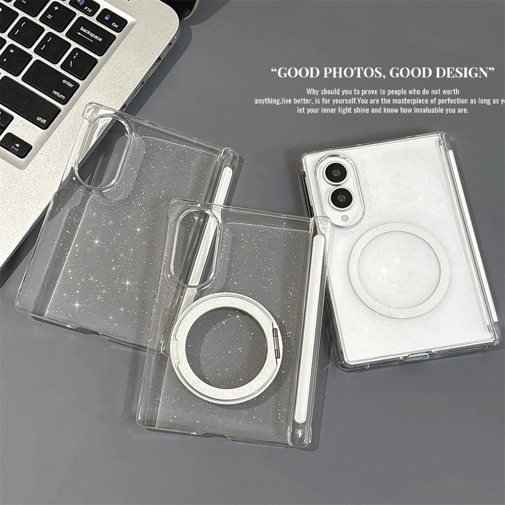 Clear Glitter Magnetic Ring Stand Phone Case For Samsung Galaxy Z Fold 4 5 6 7 Fold8 Ultra Cover Shockproof Folding Shell