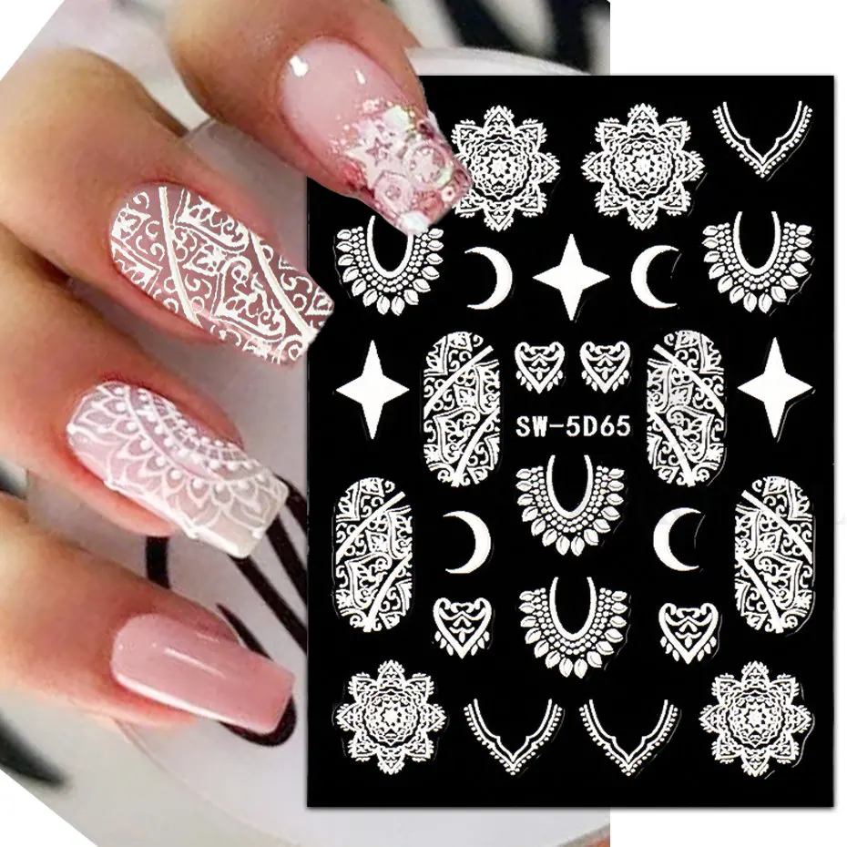 5D Lace Flower Embossed Nail Art Stickers Winter Flakes Wedding Dress Texture Christmas New Year Holy Engraved Nail Decorations