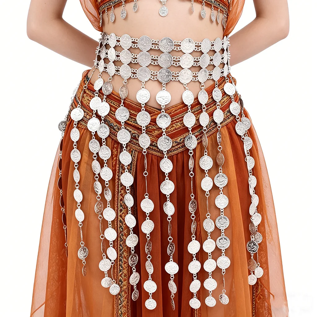 

Bohemian Multi-layer Coin Chain Tassel Body Chain Fashion Silver Heavy Alloy Carved Belly Chains Dance Party Jewelry Accessory