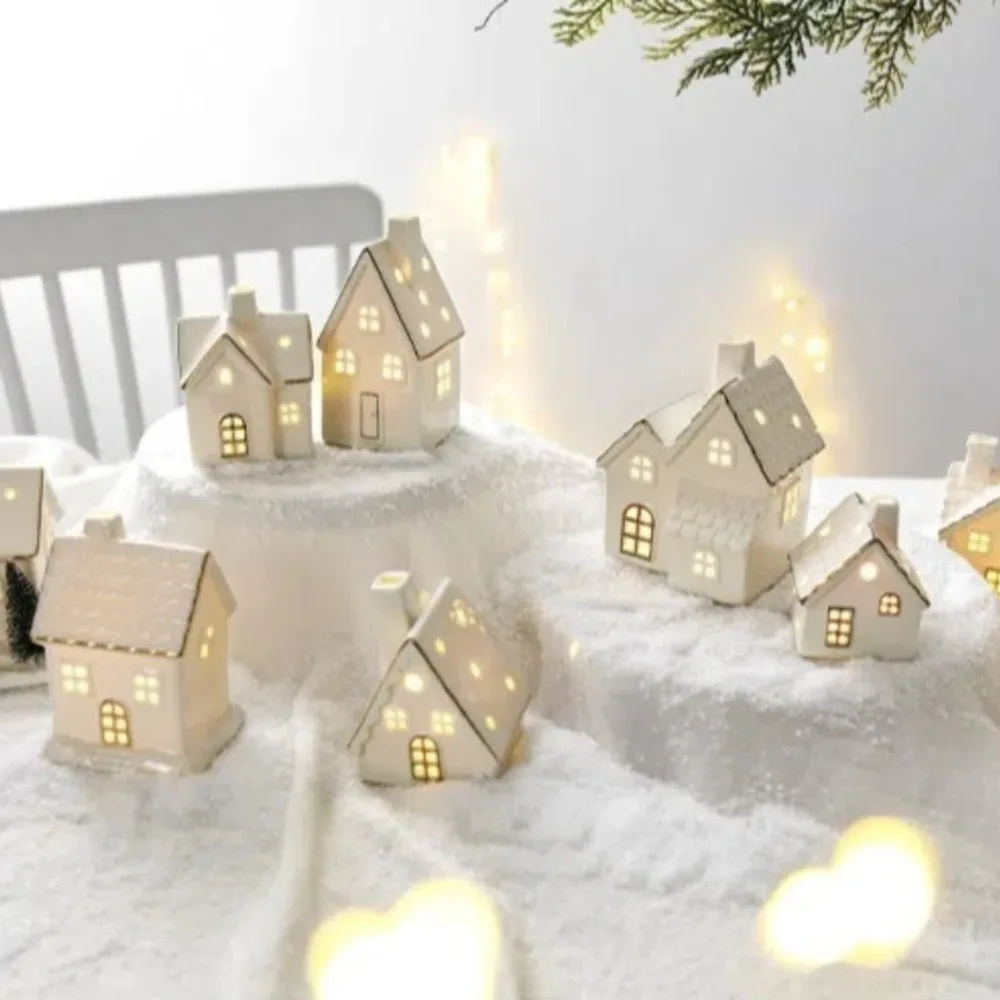 New LED Light Up Christmas Village Houses White Ceramic House Figurines with Christmas Trees Tabletop
