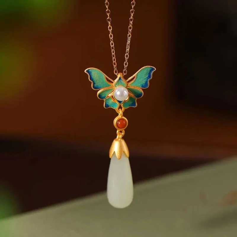 

Original design pearl butterfly necklaces silver inlaid natural Hetian jade chain pendant retro style jewelry for girlfriend