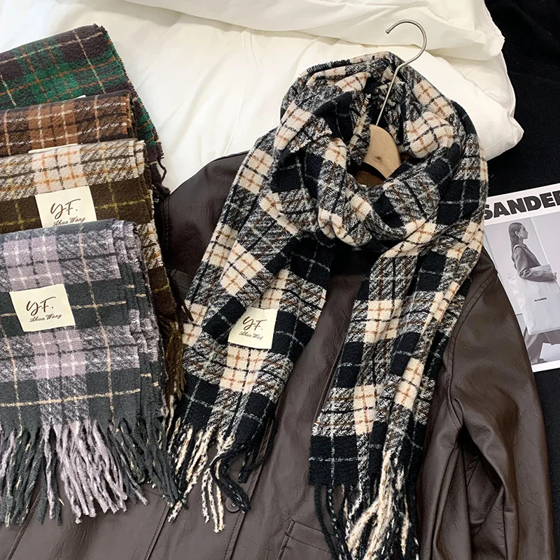 

Unique Trendy Scarf for Women Retro Plaid Long Cold Weather Scarf Imitation Cashmere Warm Shawl