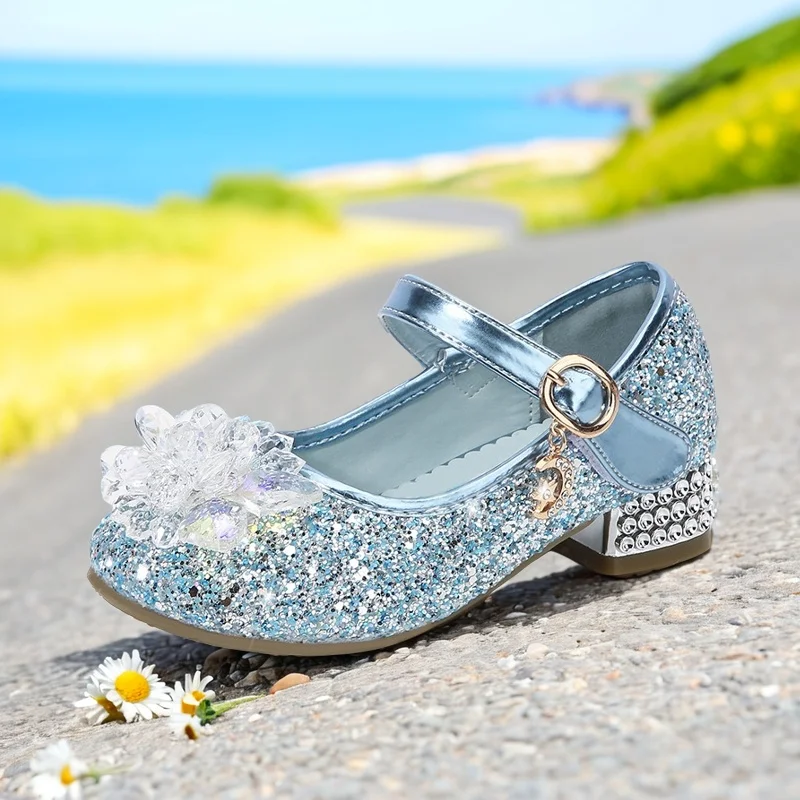 Purple High-heeled Shoes For Girls 2023 Children New Four Seasons Princess Shoes Kids Shoes Sequins Students Dance Performance