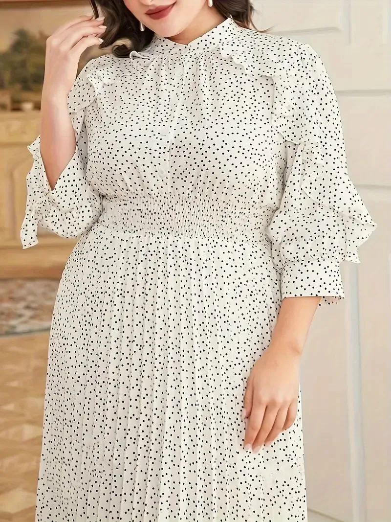 GIBSIE Plus Size Polka Dot Ruche Trim Elegante Jurk Vrouwen Lente Herfst Mock Hals 3/4 Mouw Hoge Taille A-lijn Maxi Lange Jurken