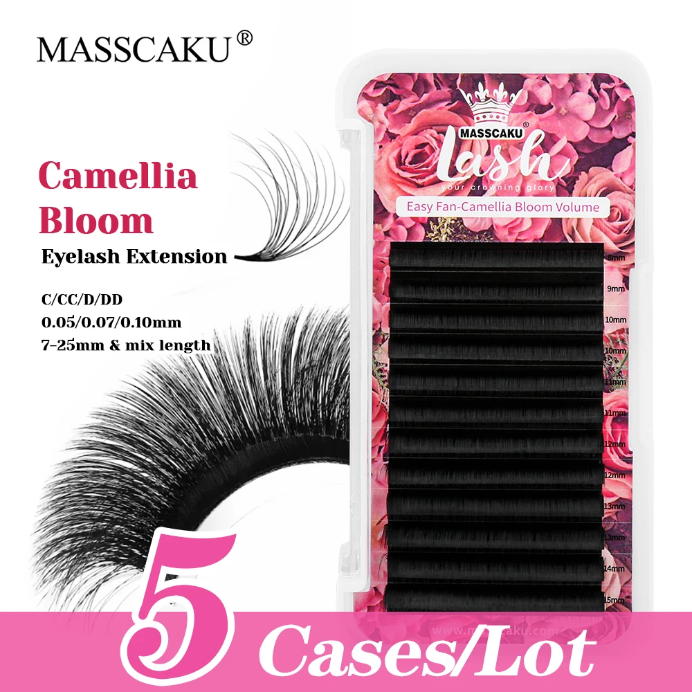 New Style 5cases/lot MASSCAKU 8-20mm and Mix Size 3D Effect Camellia Blooming Lashes Individual Wispy Auto Fanning Eyelash Trays