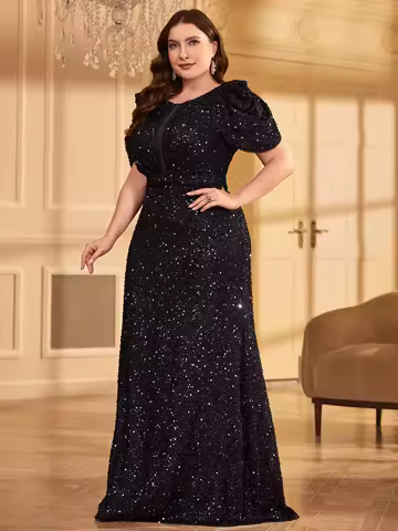 UNITHORSE plus Size V-Neck Short Sleeve Glitter Evening Dress Skirt Sparkling Party Gown for Women