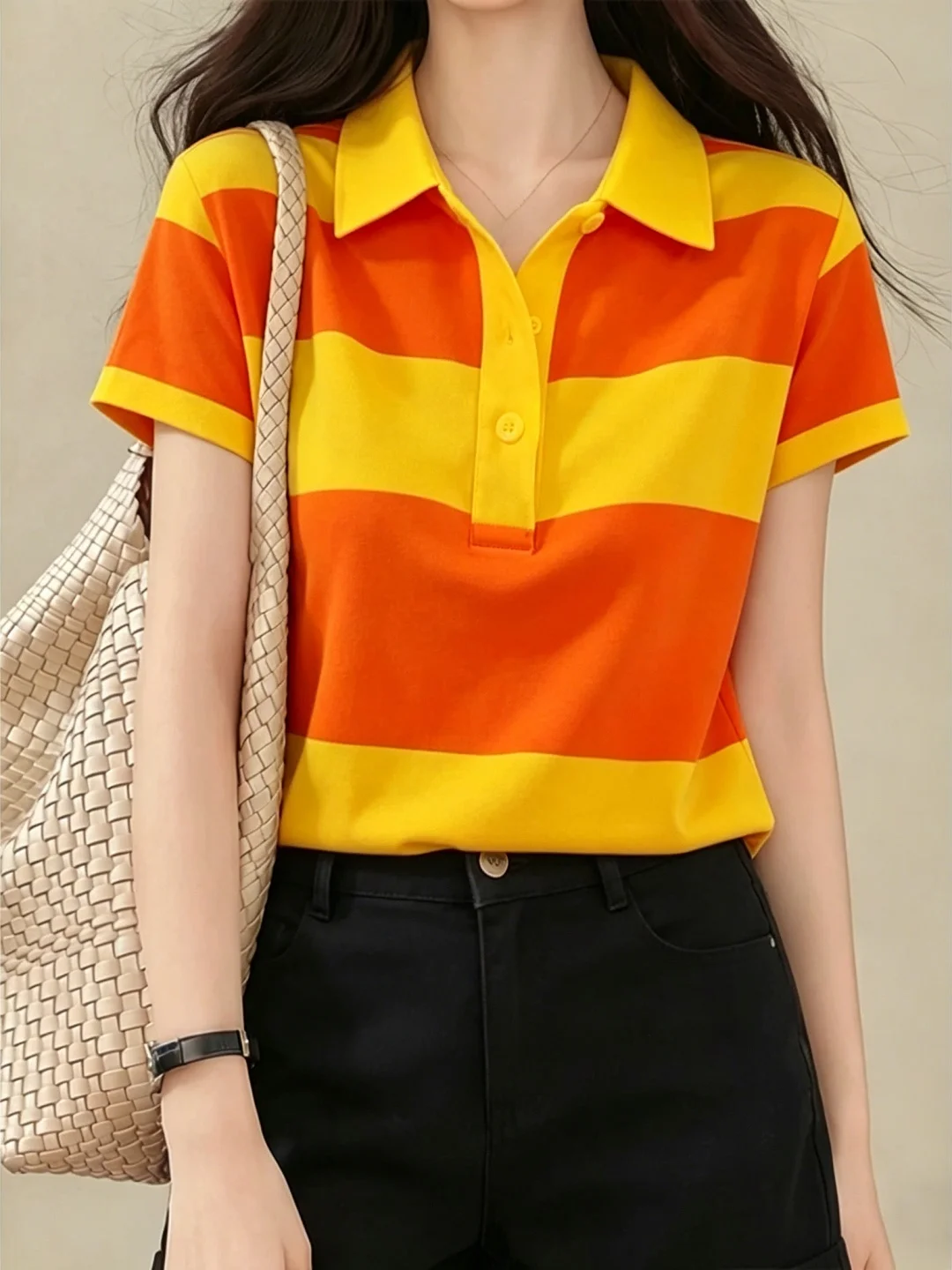 

Chic Collar Short Sleeve T-Shirt Women's Base Layer Top Light Maturity Style Breathable Comfortable Casual Summer Fashion