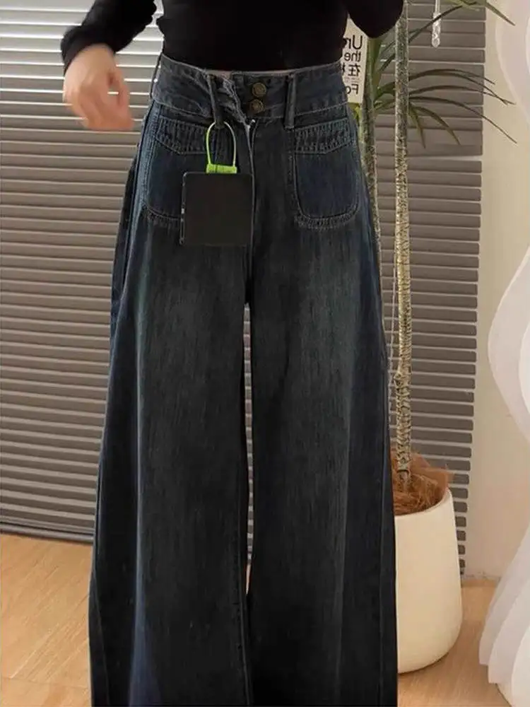 جينز نسائي سميك من Retroplush بتصميم خريفي وشتوي بخصر عالٍ للتخسيس بنمط كسول مستقيم الساق على الأرض