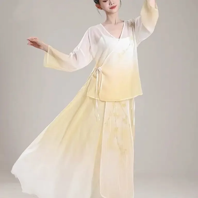 Новый классический танцевальный костюм, новое газовое платье с градиентным принтом в китайском стиле, элегантная большая распашная юбка, китайский танец,