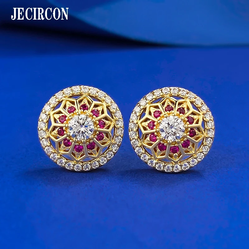 

JECIRCON S925 Sterling Silver 18K Gold Plated Earrings Flowers Bloom and Wealth Comes CHigh Carbon Diamond Gold Studs for Women