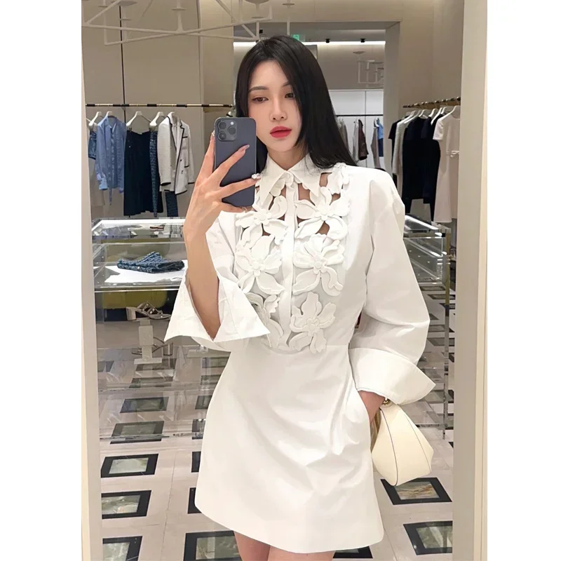 원피스 여성용 디자이너 화이트 셔츠, 고급스러운 가벼운 럭셔리 꽃 긴팔 셔츠, 원피스 레이디 셔츠, 2024 초가을 신상 디자인 센스