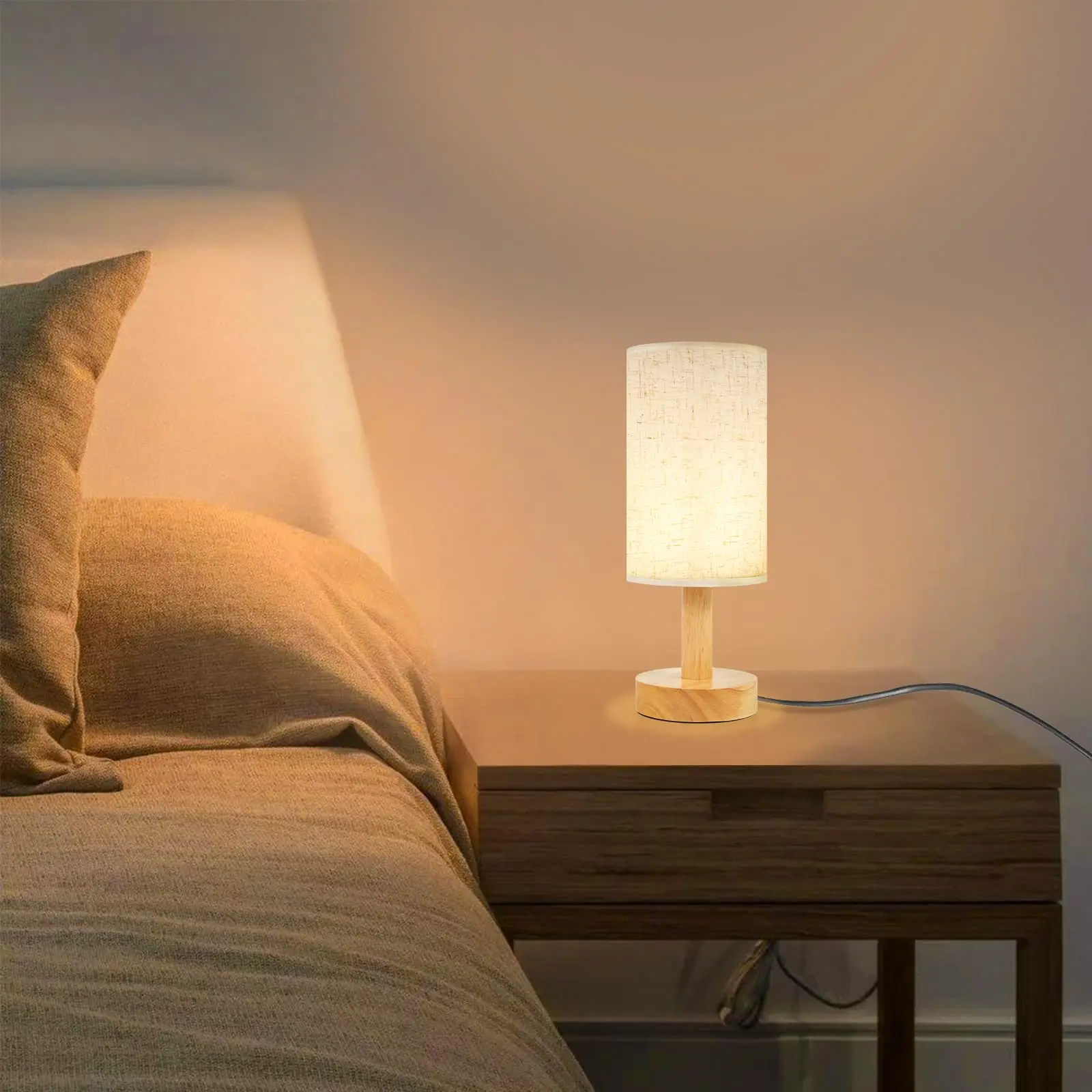 Small Bedside Table Lamp for Bedroom,Natural Round Wood Base&Fabric Linen Shade,Minimalist Boho for Nightstand,Living Room
