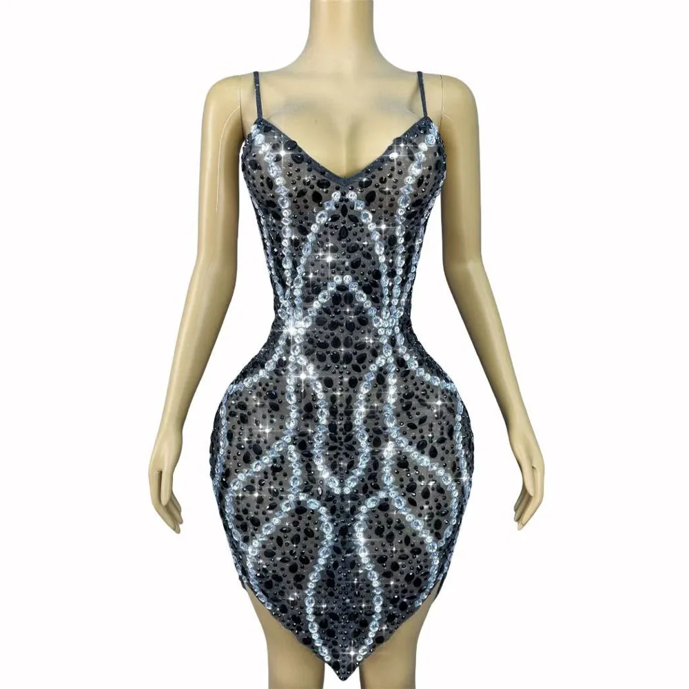 

Luxury Birthday Party Sparkly Rhinestones Trim fit Suspenders Black Mesh Dress Women Birthday Evening Gowns Show Stage Outfit