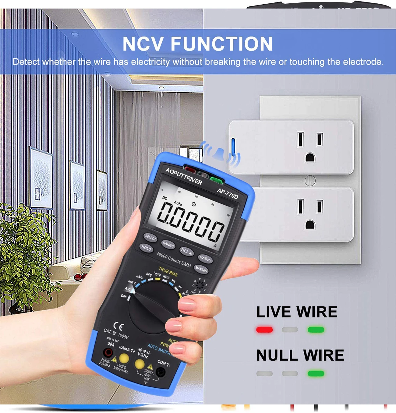 HP-770D True RMS Multimeter 40000 Counts 1000V 20A Auto Range with NCV Temperature HFE Backlight
