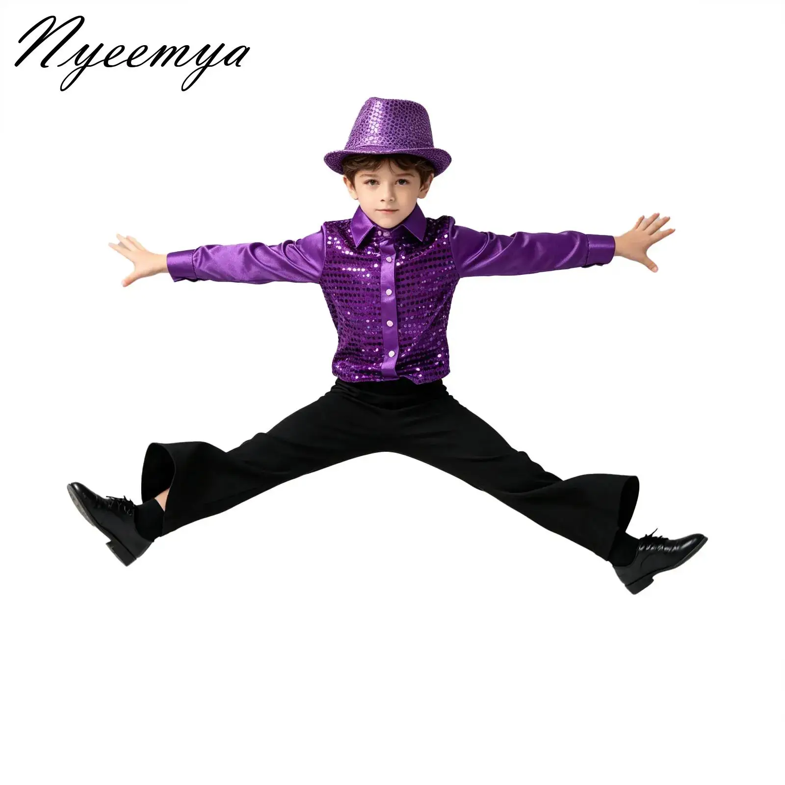 Kid Jazz Dance Costumes Boys Girls Modern Disco Dancing Outfits Party Shiny Sequin Dance Shirts Flared Pants Hat for Competition
