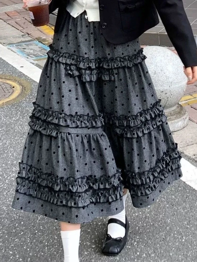 

2025 Women's Vintage Polka Dot Ruffle Midi Skirt - Tiered A-Line High Waist Skirt, Sweet Japanese Streetwear for Spring Autumn
