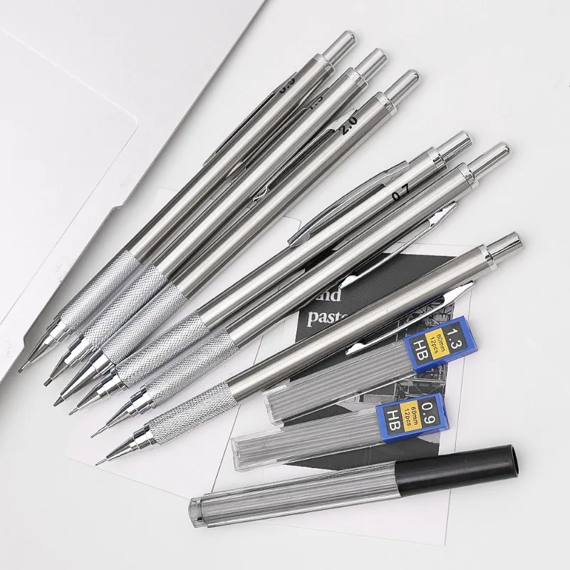 Metal Mechanical Pencil 0.3/0.5/0.7/0.9/1.3/2.0mm Drawing Automatic HB Pencil Leads Set School Office Writing Art Stationery