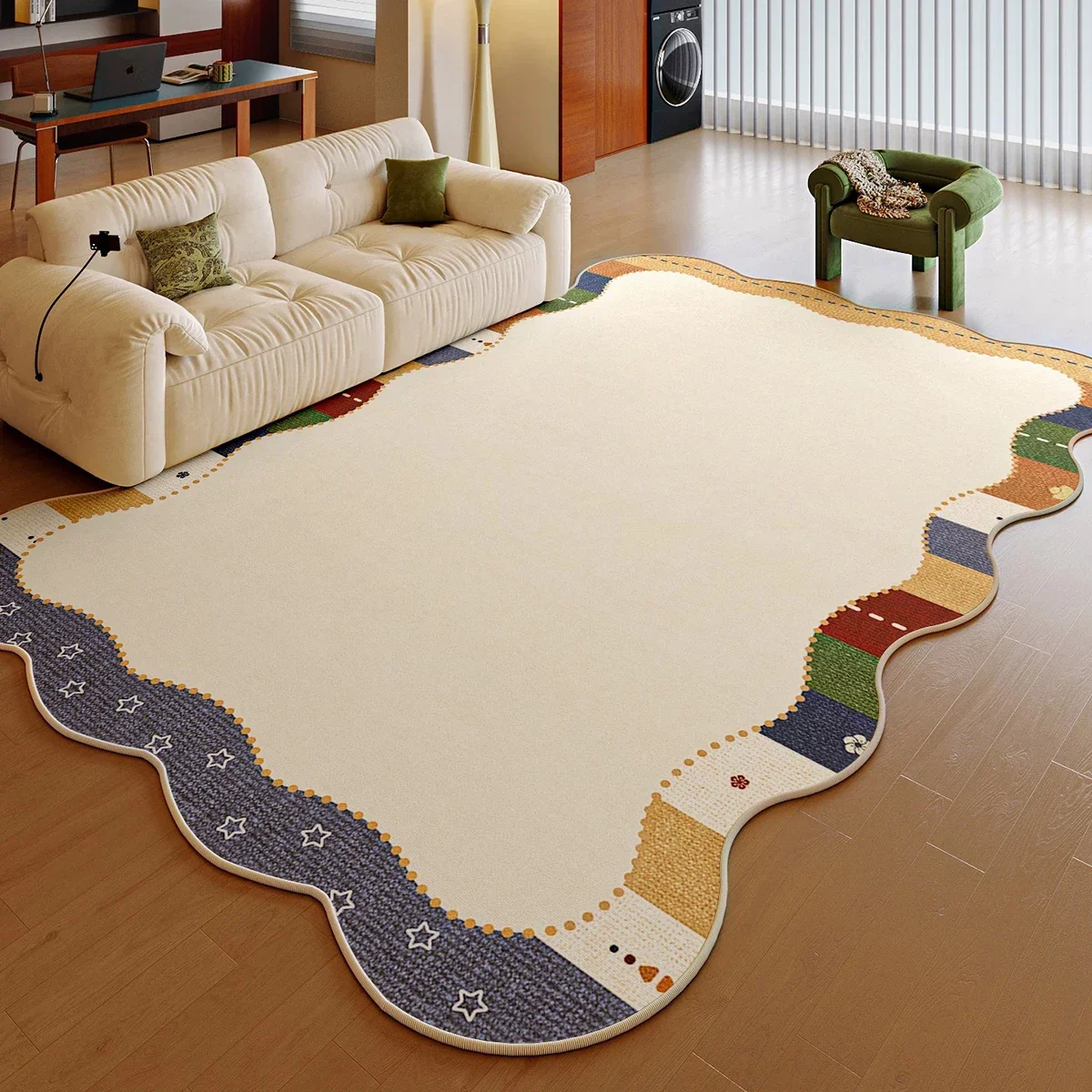 Wavy-edged Living Room Rug Cream-style Dopamine Large Area Carpet Soft Faux Cashmere Floor Mat Machine-washable Non-slip Mats 러그