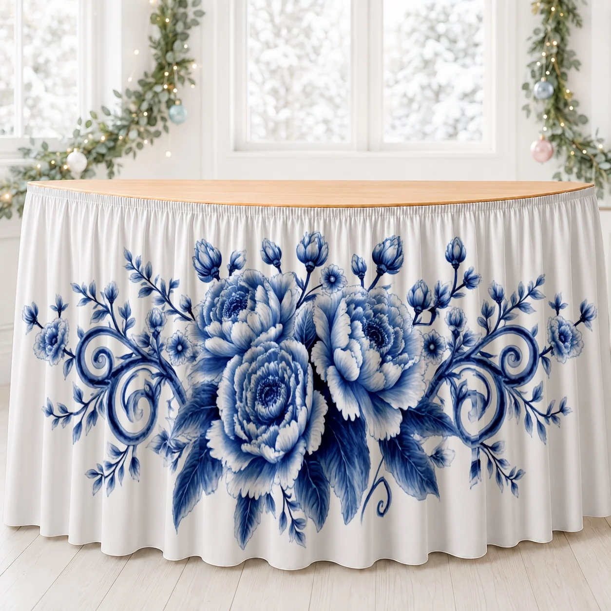 Table skirt/tableskirt blue and white porcelain style, floral roll grass pattern, elegant formal settings party tablecloth