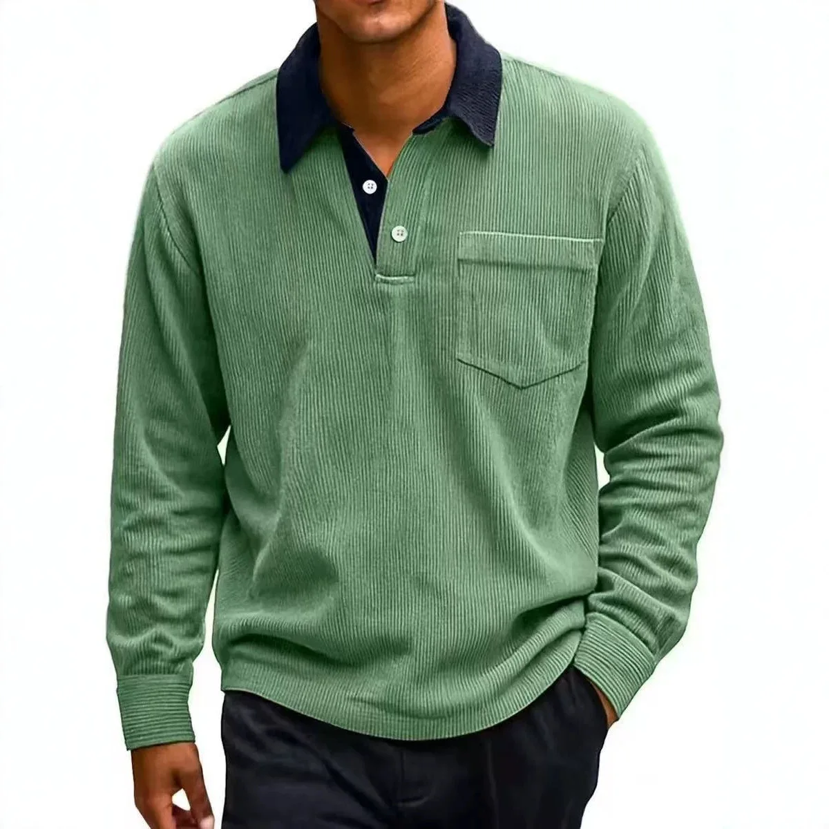 Autumn And Winter New Men's Retro Color Matching Corduroy Long-sleeved Button-down Lapel Loose Men's Sweater