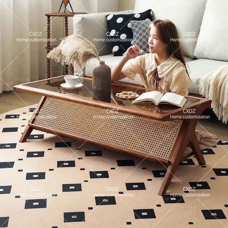Retro Solid Wood and Rattan Coffee Table with Glass Top Rectangular Modern Simple Design for Living Room Dining Dual Use