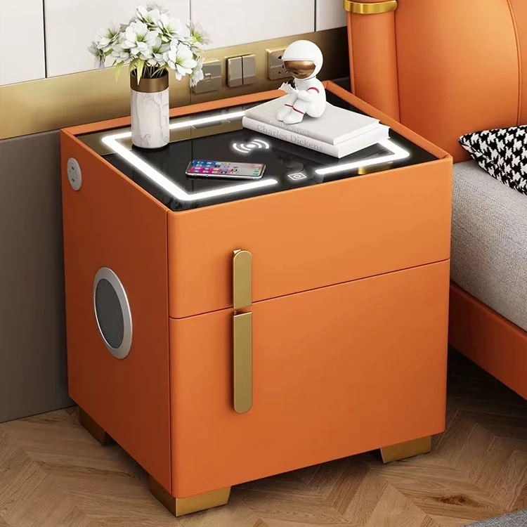 طاولة بجانب السرير الذكية الفاخرة الحديثة مع أضواء LED شحن لاسلكي USB، مكبر صوت آمن، خزانة تخزين خشبية لغرفة النوم #1