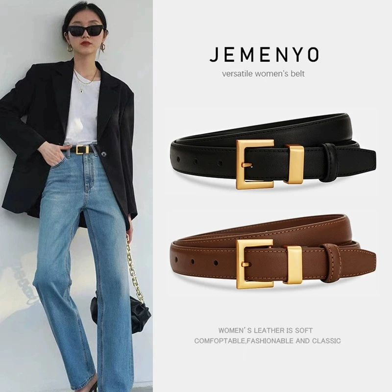 Ladies Leather Belt; Cowhide Versatile Decoration for Suit Waist Belt; Retro Simple High-End Black Ins Style Denim Belt