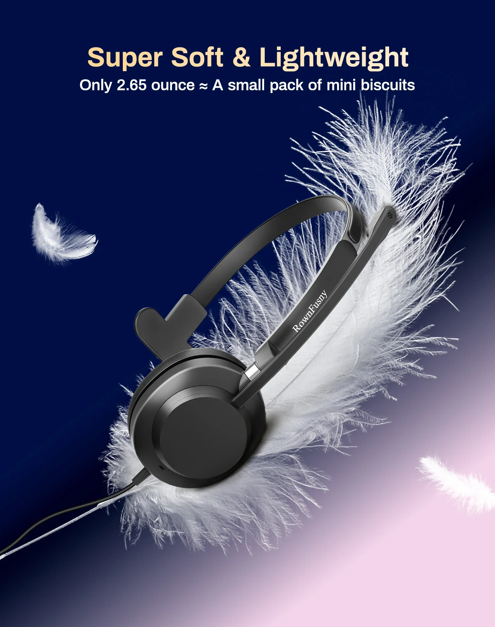 RownFusny USB Headset with Mic for PC Laptop Noise Reduction Wired Headphones in-Line Volume Control Call Answer Button R01S