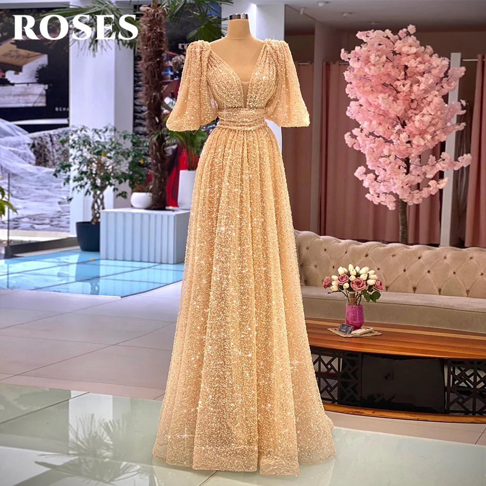 ROSES Gold Sequin Glitter Evening Dress V Neck Charming Prom Dress Half Sleeves Shiny Party Dress Sweep Train vestidos de noche