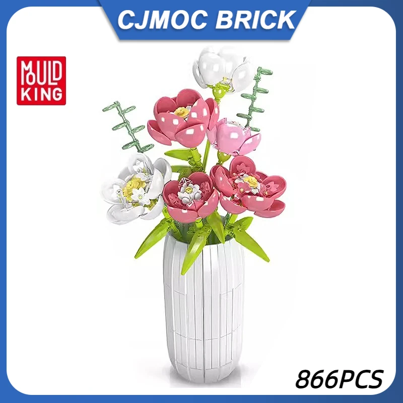 Mould King 10059 Flower Bouquet Building Block The Chinese Peony with Vase Model Assembly Decoration Toys Kids Christmas Gift