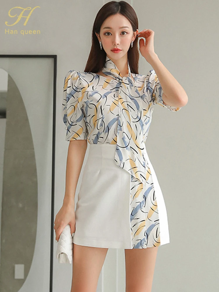 H Han Queen New 2024 Summer Party 2 Piece Sets Women Print Shirt + Pleated A-Line Short Skirts Korean Skirt Set Female Clothing