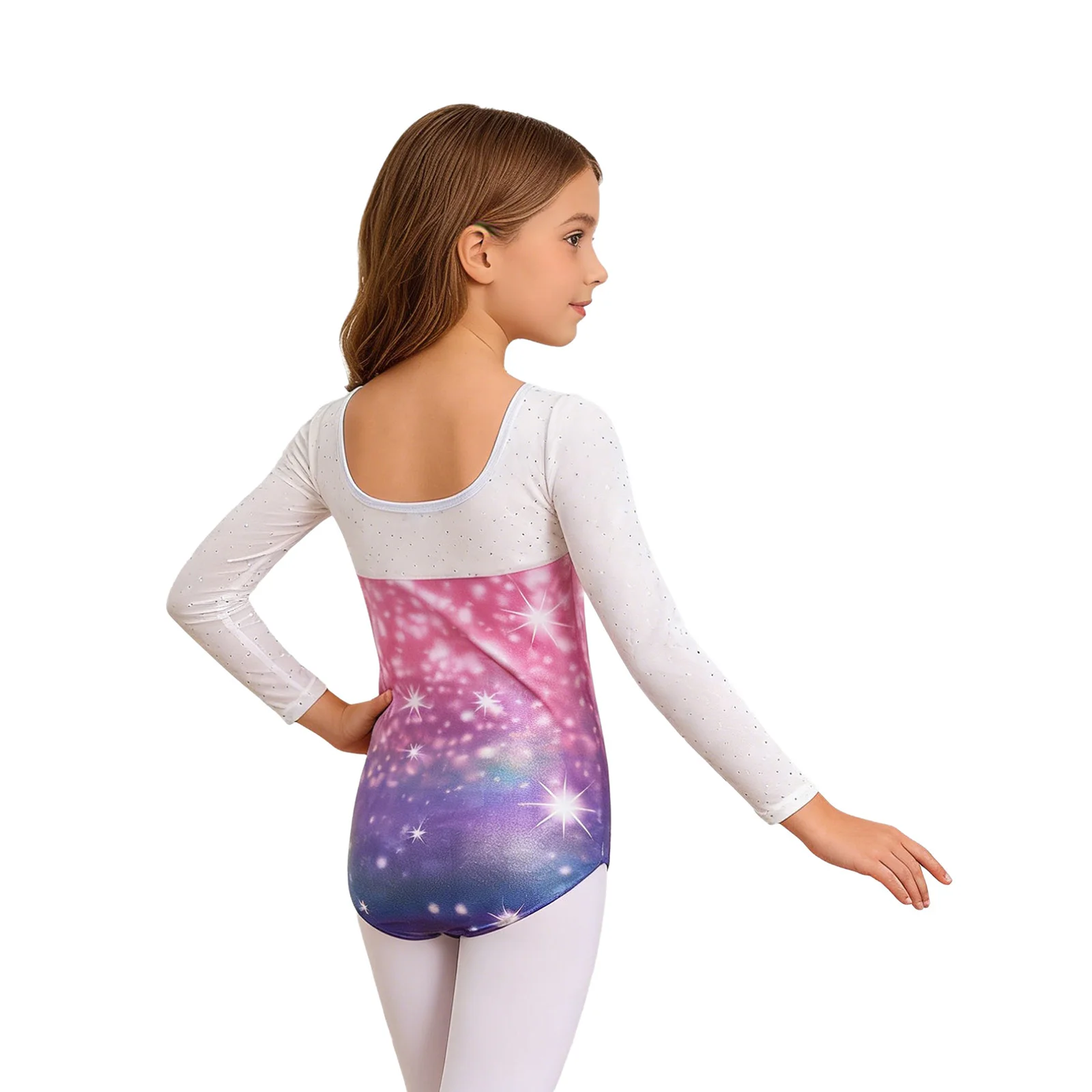 Kids Girls Gymnastics Leotards Figure Skating Ballet Jumpsuit Long Sleeve Mesh Patchwork Sequin Metallic Printed Bodysuit