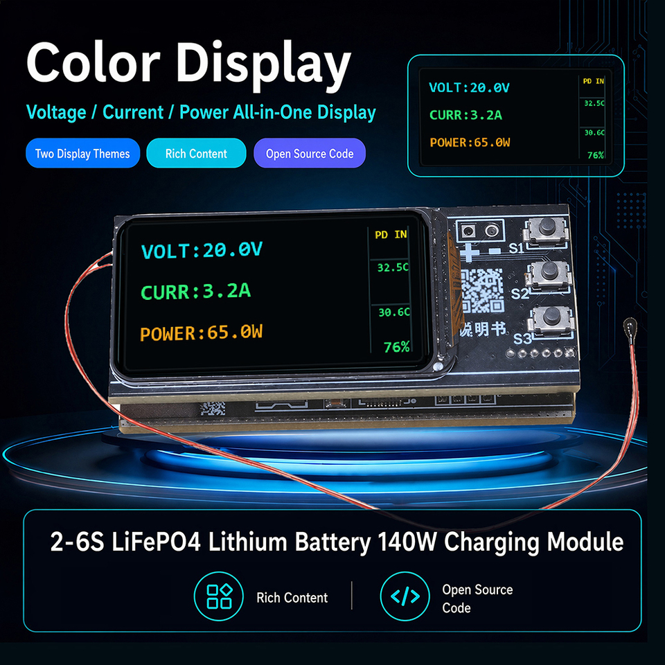 IP2366 140W PD Charge Discharge Board 0.96 Inch Color TFT Display 2 To 6S Li Ion LiFePO4 Battery Module 65W 100W Adjustable