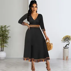 2024 New Dresses for Women Tribal Print V-neck 3/4 Sleeve Dress Estidos De Mujer Casual Elegant Maxi Robe Female