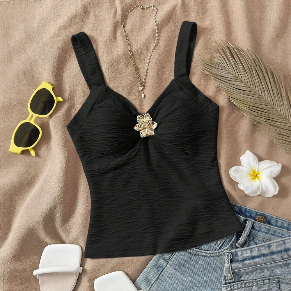 Vintage Black Slim Fit Camisole Top with Metal Flower V Neck Sleeveless Women
