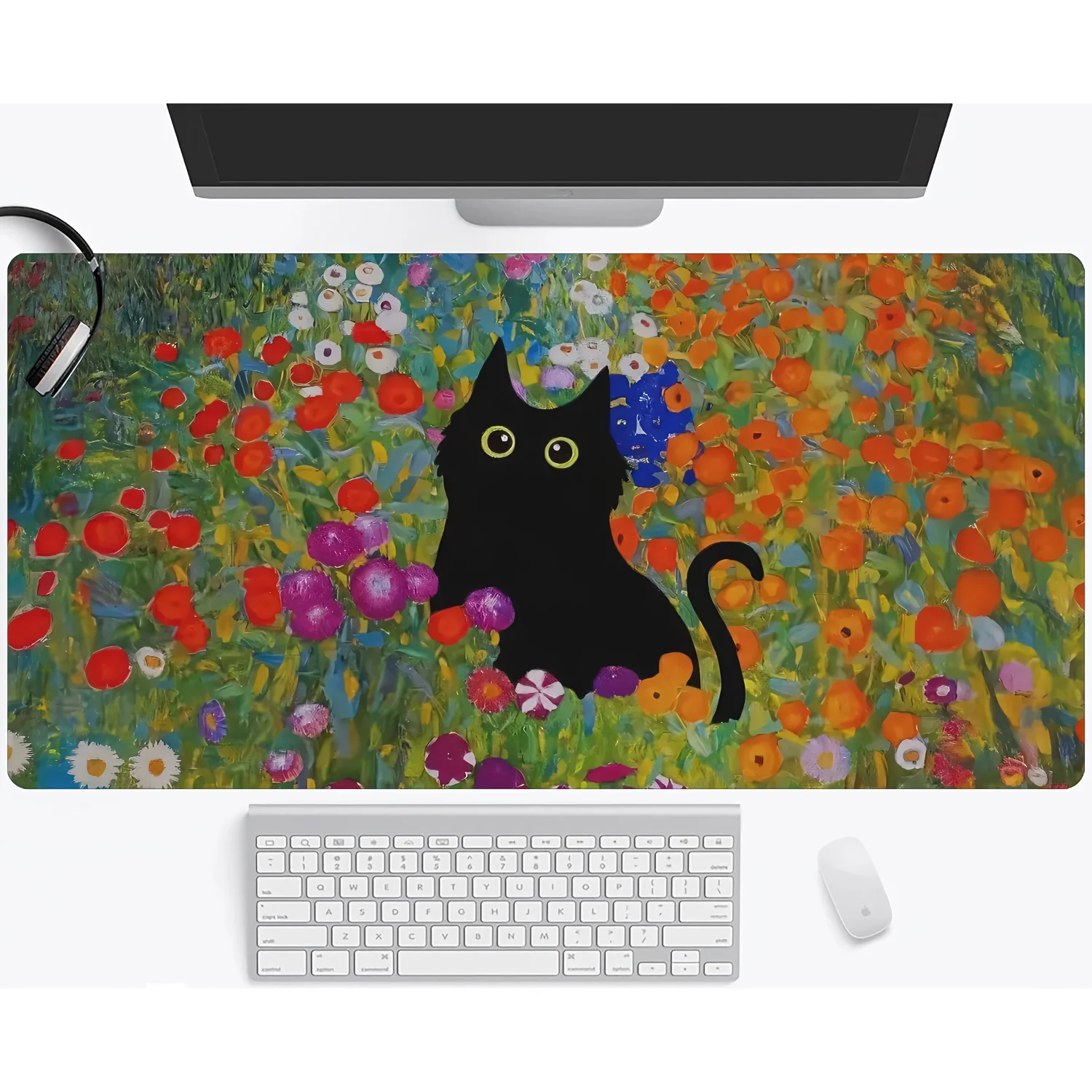 

1pc Garden Black Cat Large Gaming Mouse Pad, Ultra-Smooth Keyboard Mat Desk Mat with Stitched Edges, Non-Slip Waterproof Rubber
