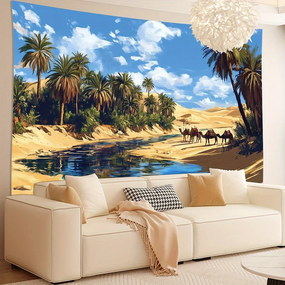 3D Visual Effect Desert Oasis Landscape Tapestry, HD Digital Print Nature Wall Decor for Living Room and Office Backdrop