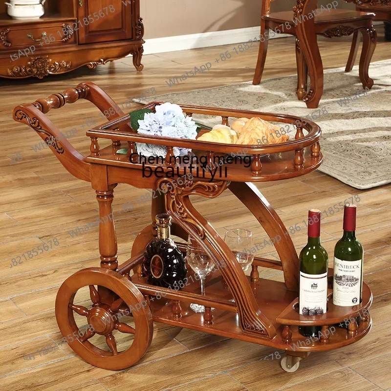 

ss7304 Solid Wood European-Style Drinks Trolley American Mobile Trolley Carved Dining Car