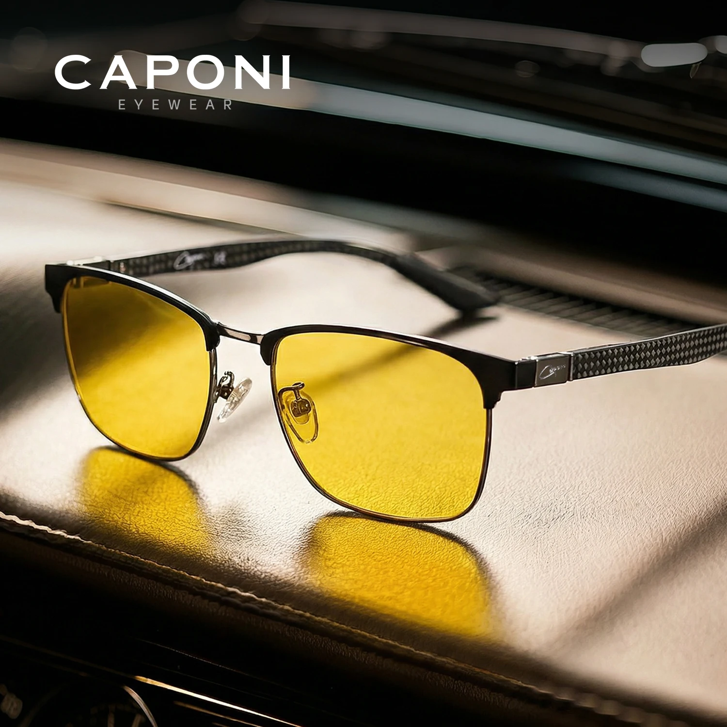 CAPONI Night Vision Men Sunglasses Night Driving Outdoor Carbon Fiber Yellow Sunglasses Photochromic Brown Eyewear BSYS36403