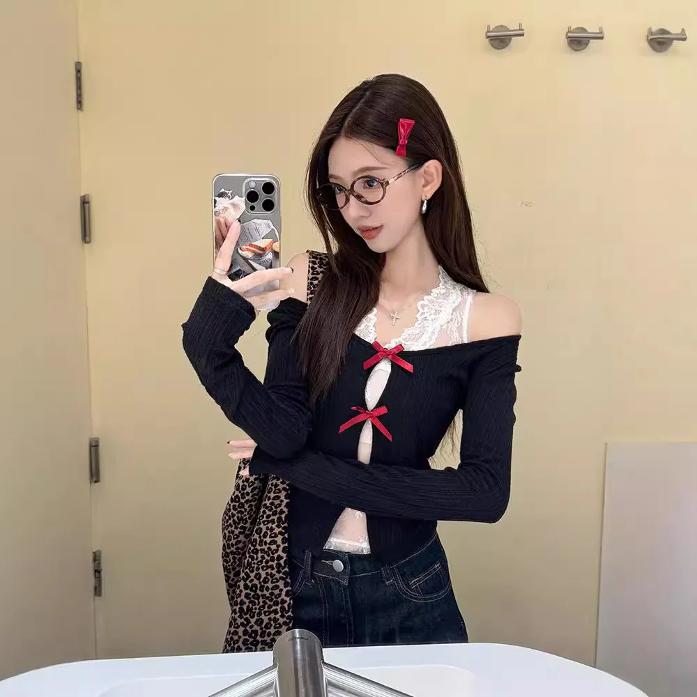 

Высокое качество, хит продаж, оптовая продажа, милая футболка с полым бантом, женская осенняя новинка, облегающий и утягивающий топ с короткими рукавами и длинными рукавами Y2K