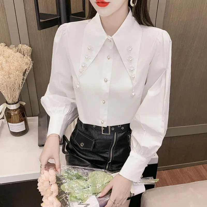 Elegant Peter Pan Collar Beading Loose Puff Sleeve Sweet Shirt 2023 Autumn New Casual Tops Oversized Commute Women\'s Blouse