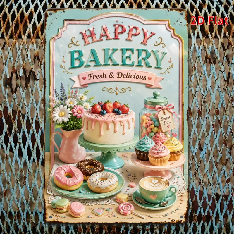 2D Flat - Decorative Sign 2D Flat - [2Dflat], 1pc Happy Bakery Tin Sign, Retro Pastry Shop Decorative Sign, Suitable for Kitc