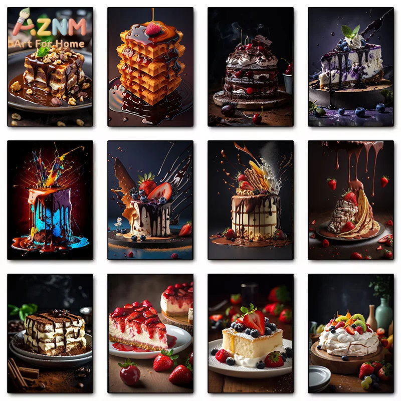 AZNM Delicious Chocolate Fruit Dessert Cake Food Photography Frameless Canvas Poster Bakery Cafe Kitchen Wall Art Decor