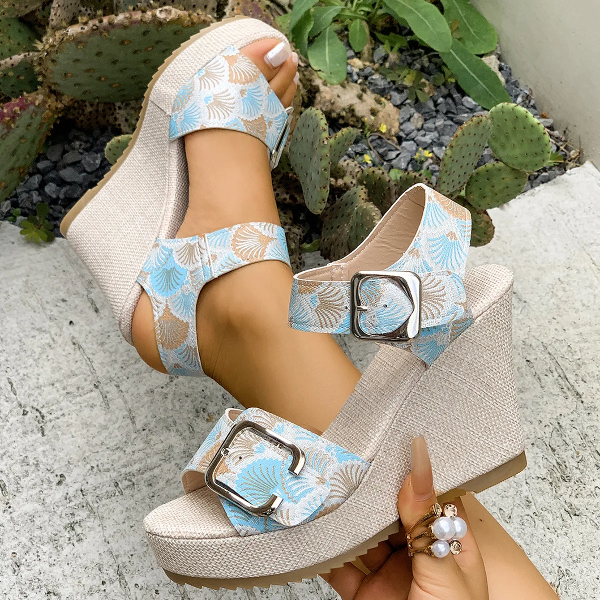 Bohemian Thick Bottom Slope Heel Sandals Women's New Flower Ribbon Fashion Sandals High Heels Fish Mouth Women's Shoes