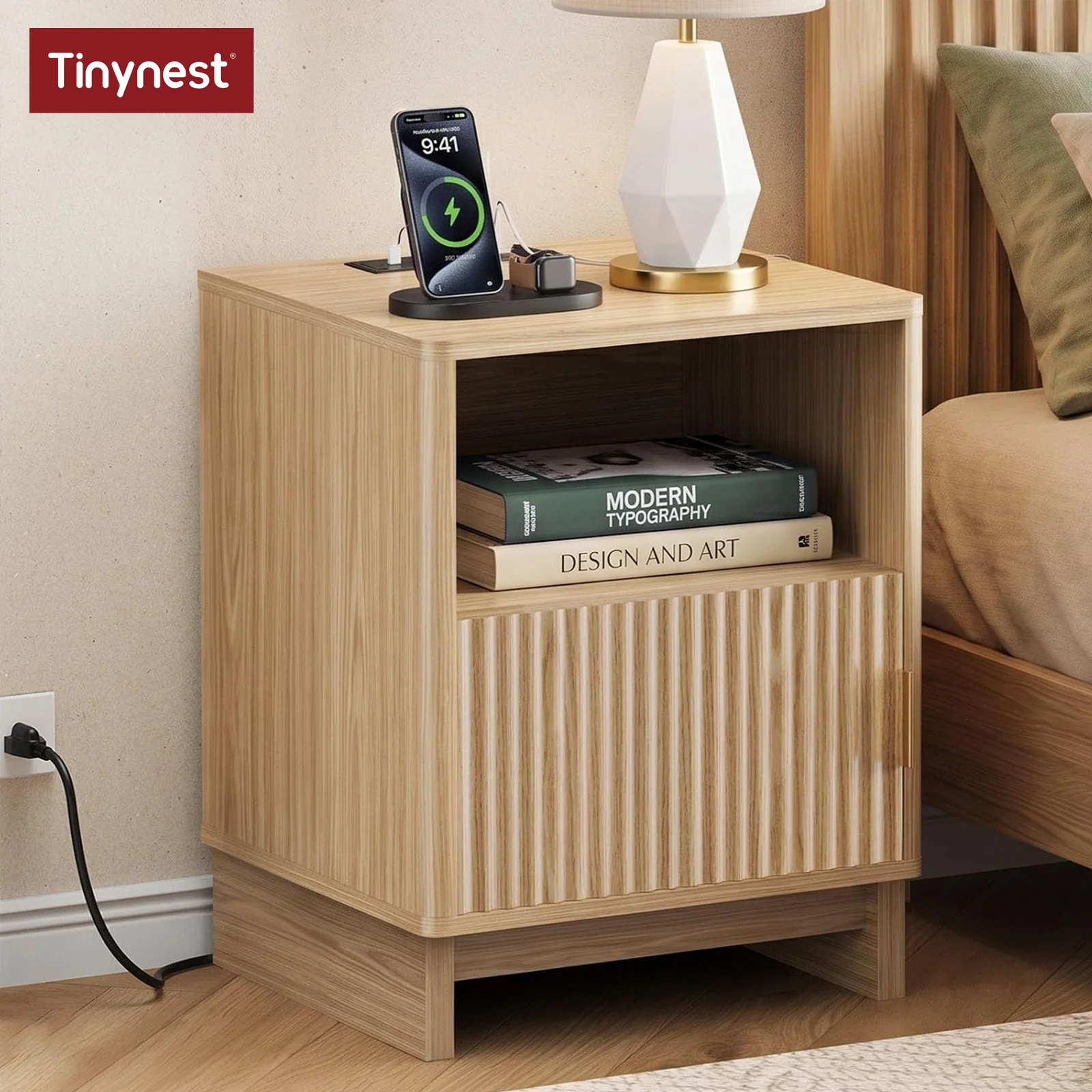 TinyNest Fluted Nightstand With USB C Fast Charging Station, 17.7 inch Wood Bedside Table, Mid-Century Modern End Table Cabinet With Storage Drawers & Open Shelf, Small Coffee Tea Sofa Side Table For Bedroom, Living Room, Office