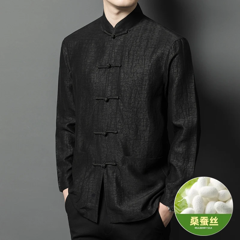 High-End Dress Men Shirt Long Sleeve 100%Silk Tang Costume Frog Chinese Style Quality Soft Comfortable Fashion Camisas De Hombre