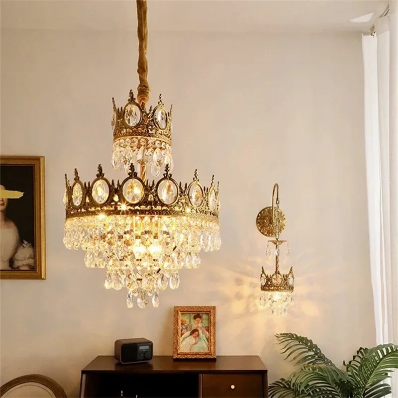 Modern Luxury Chandelier LED Crystal Retro French Pendant Lamp Living Room  Restaurant Bedroom Golden Crown  Indoor Lighting