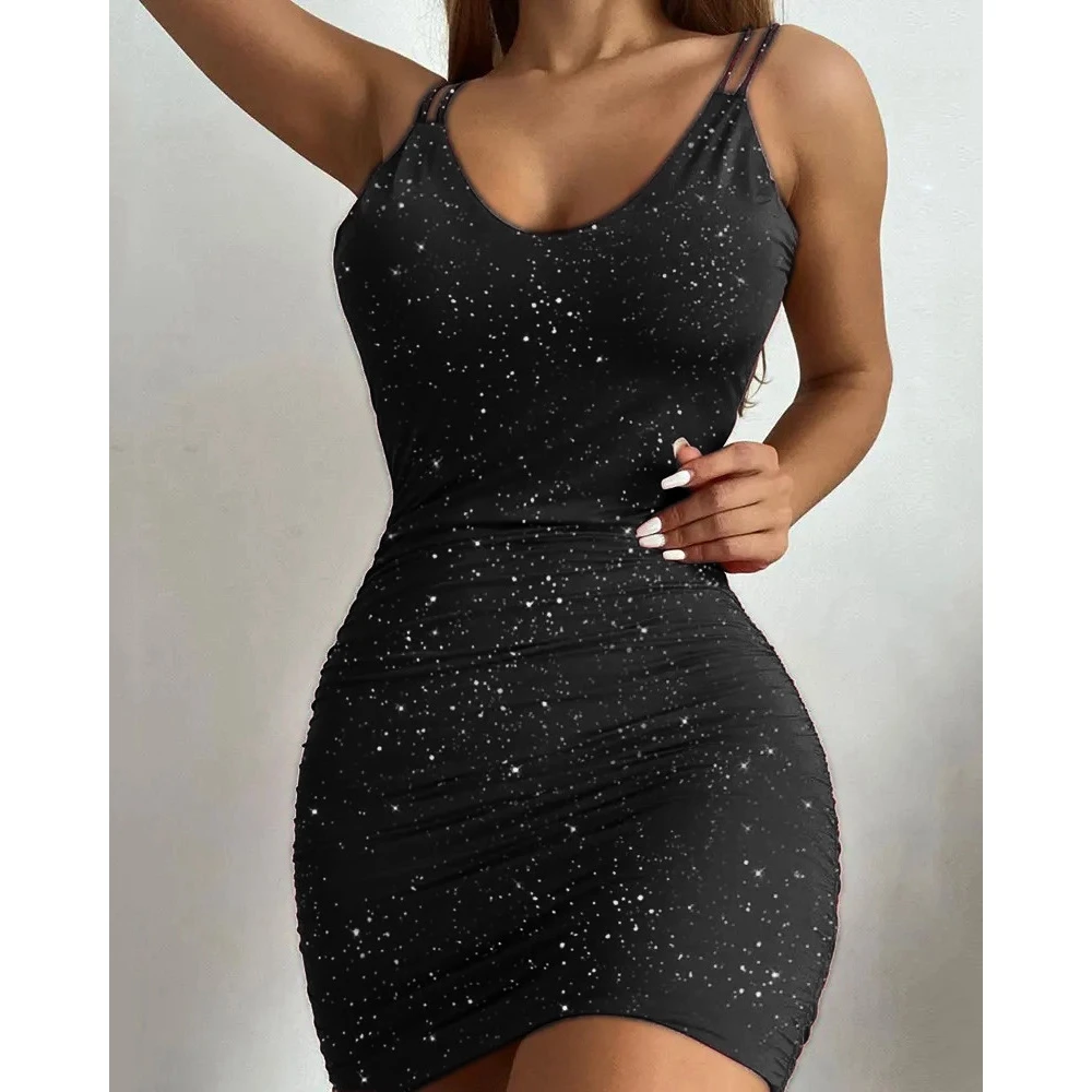 

Elegant Women V-neck Glitter Double Spaghetti Strap Bodycon Dresses Female Sexy Backless Mini Dress Party Lady Evening Vestidos