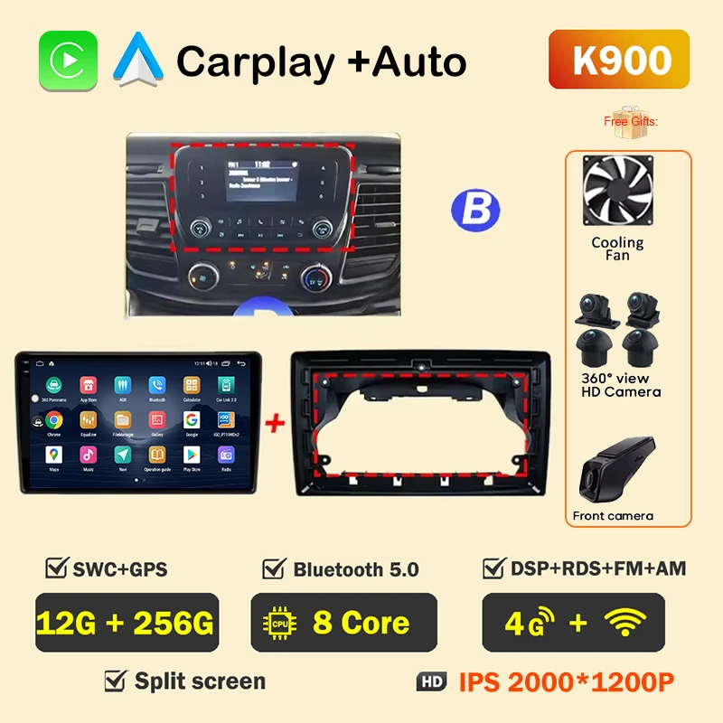 Auto Radio Android voor Ford Transit Custom 350 Transit V363 2020-2022 Multimedia Videospeler Navigatie GPS GEEN 2din Head Unit