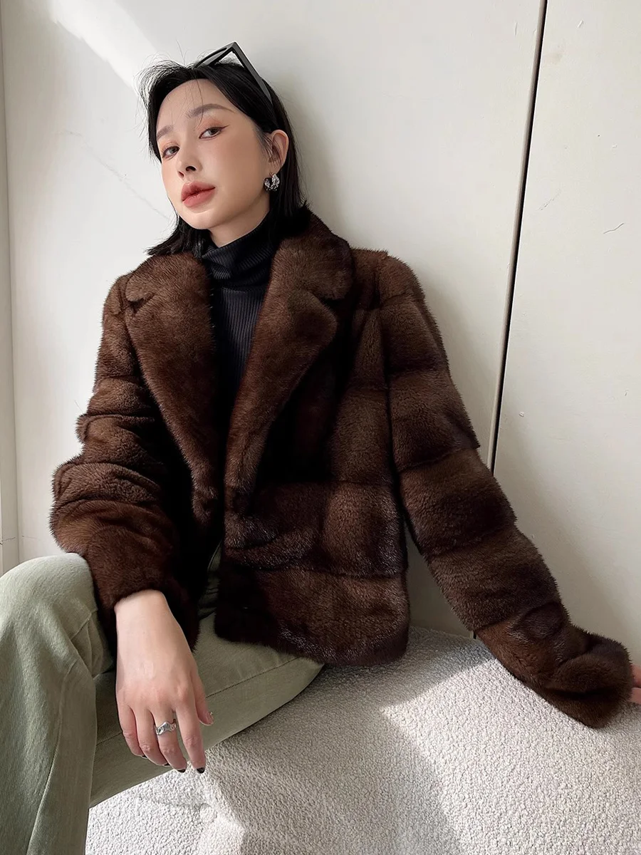 HDHOHR 2025 신상 100% 리얼 밍크 퍼 코트 여성 패션 필수템 천연 밍크 코트 따뜻한 숏 가죽 아우터 겨울 퍼 재킷